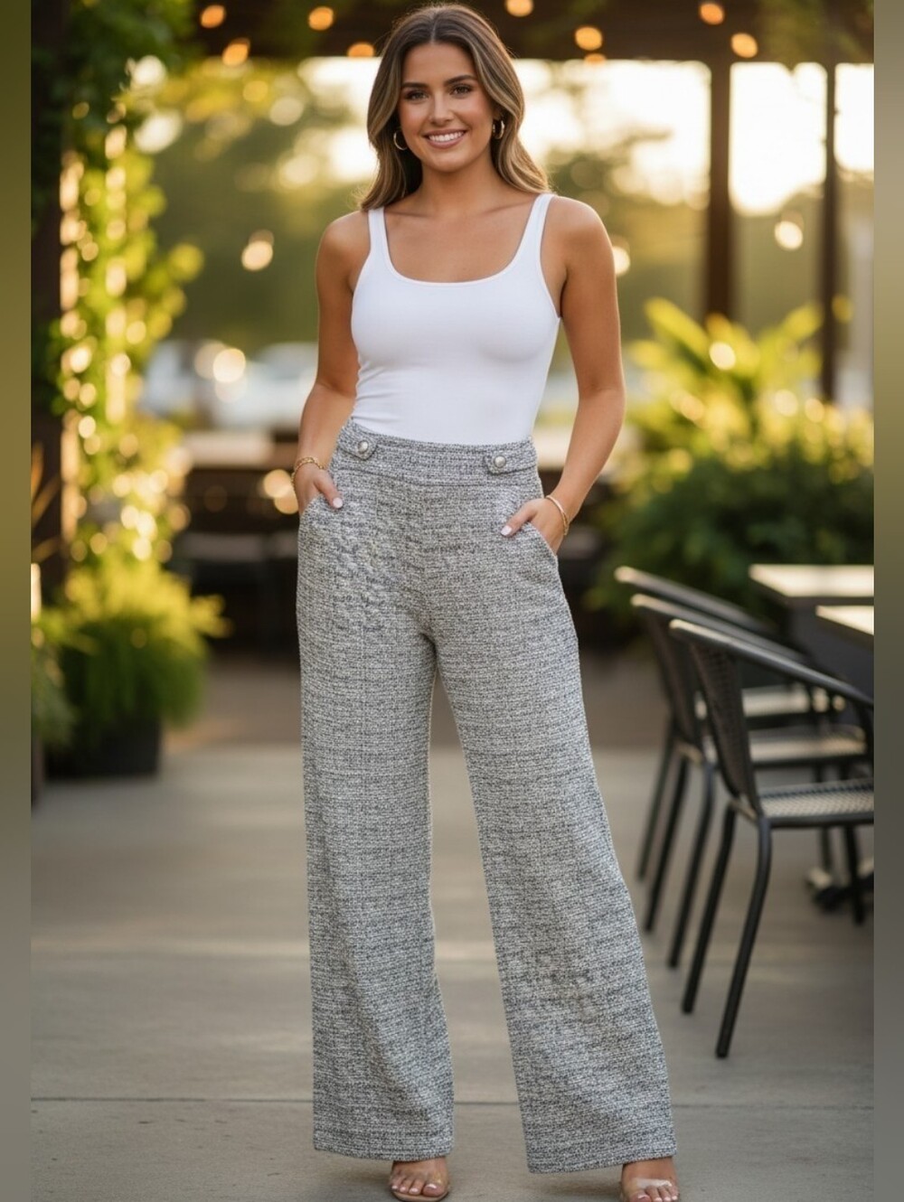 Tweed Wide Leg High Waist Pants Grey Textured Tailored Trouser Button M